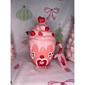 Valentines Pink & Red Hearts & Berry Cupcake Mug Gingerbread House.